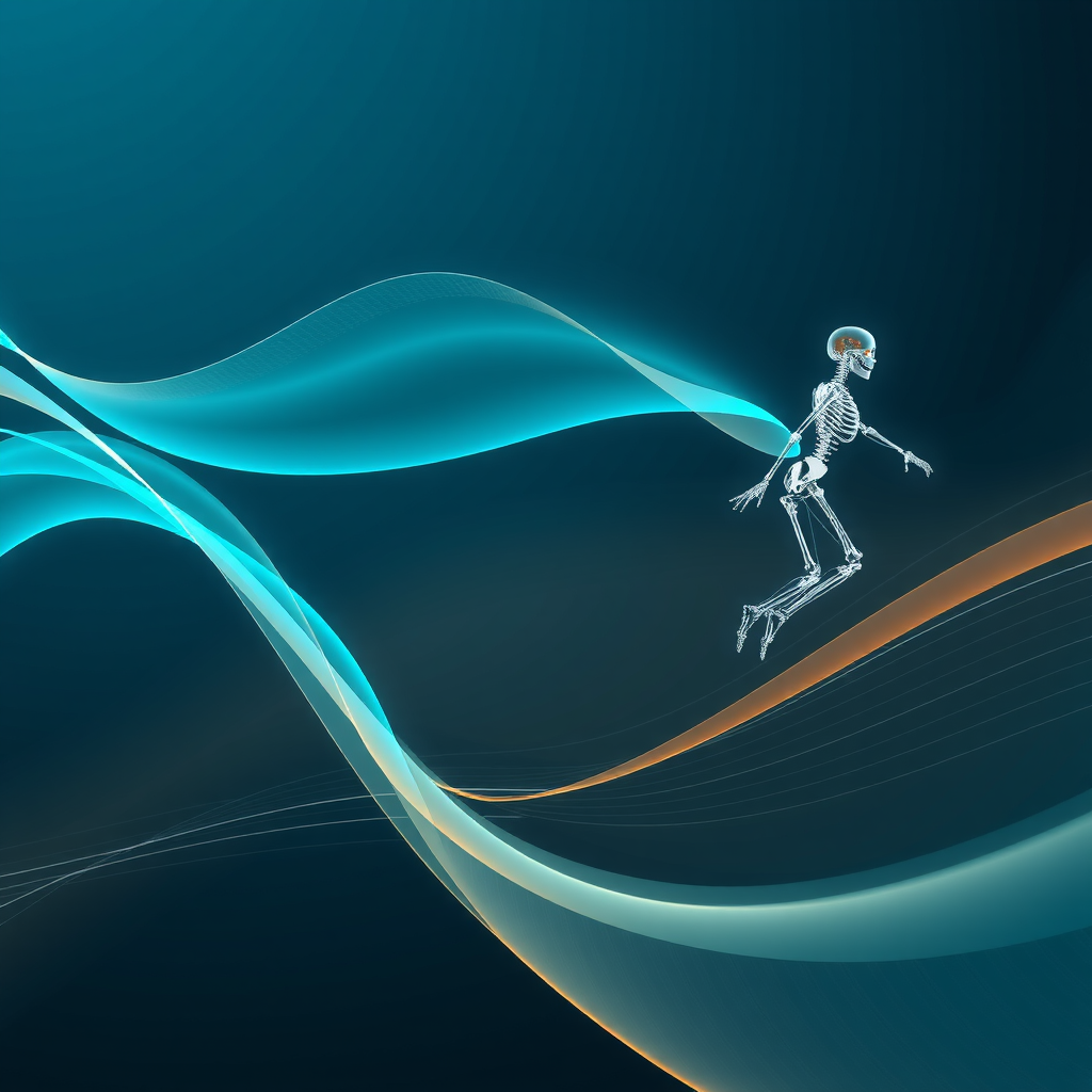 Abstract visualization showing three parallel streams of motion control methods in AI video generation: optical flow represented by flowing gradient lines, pose-based guidance shown through skeletal wireframes, and trajectory paths illustrated with curved arrows, all rendered in electric teal against a deep space blue background