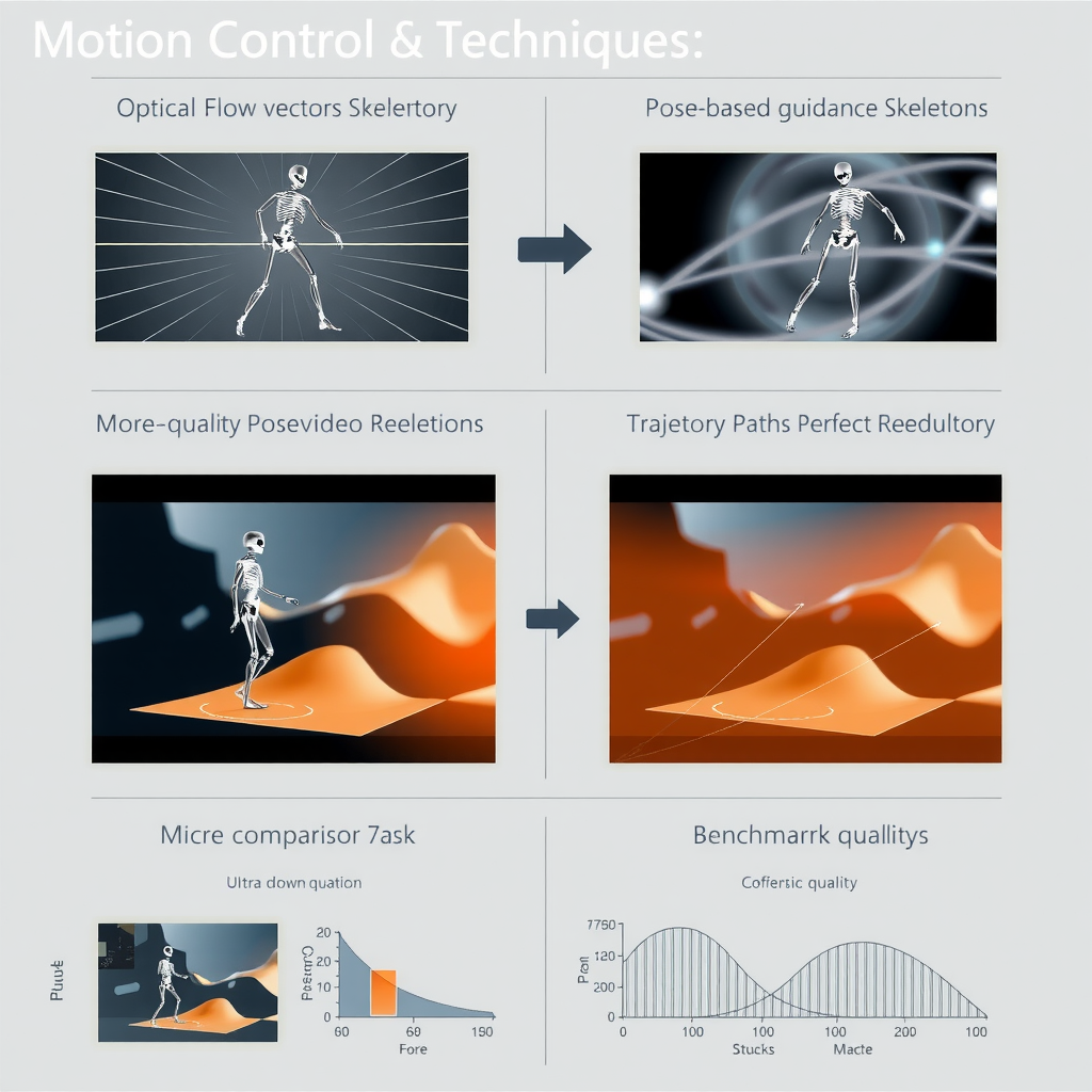 Technical diagram illustrating motion control techniques in AI video generation including optical flow vectors, pose-based guidance skeletons, and trajectory paths overlaid on video frames with scientific annotations and benchmark comparison charts