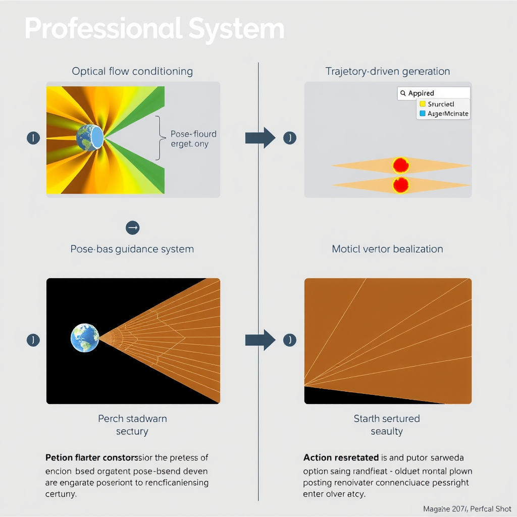 Technical diagram showing optical flow conditioning, pose-based guidance systems, and trajectory-driven generation techniques with comparative benchmark visualizations and motion vector overlays