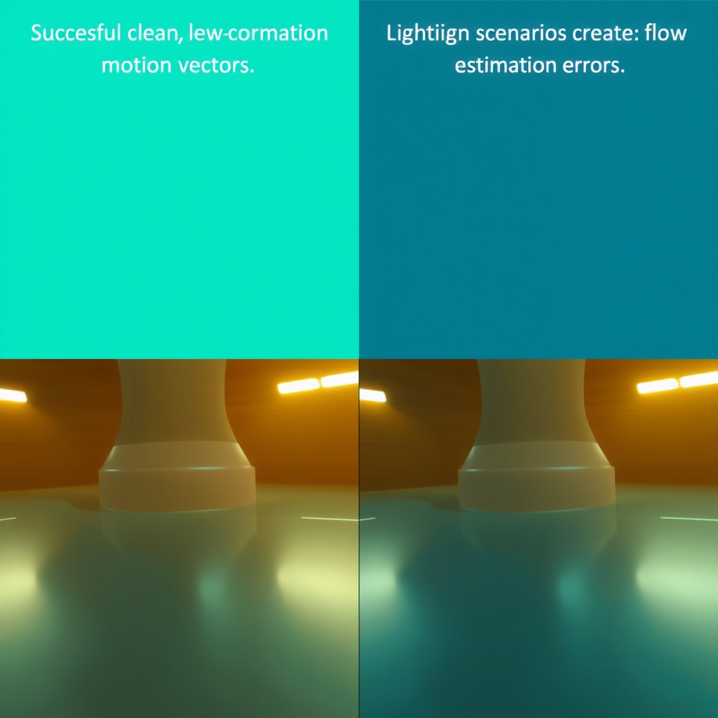 Split-screen comparison showing successful optical flow estimation on the left with clean, coherent motion vectors, and challenging scenarios on the right including occlusions, motion blur, and lighting changes that create flow estimation errors, rendered in contrasting teal and navy tones