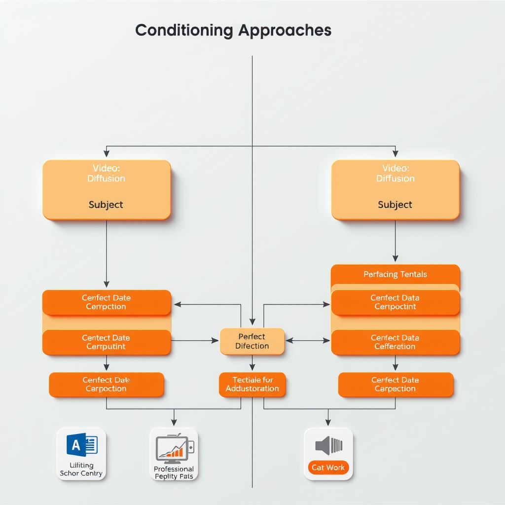 Technical flowchart showing different conditioning approaches in video diffusion models with network architecture diagrams and data flow paths