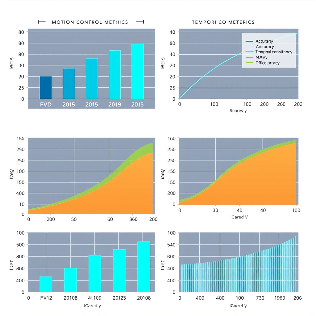 Scientific visualization showing multiple bar charts and line graphs comparing performance metrics across motion control methods, with color-coded bars in electric teal and navy blue representing different approaches, including FVD scores, motion accuracy, and temporal consistency measurements
