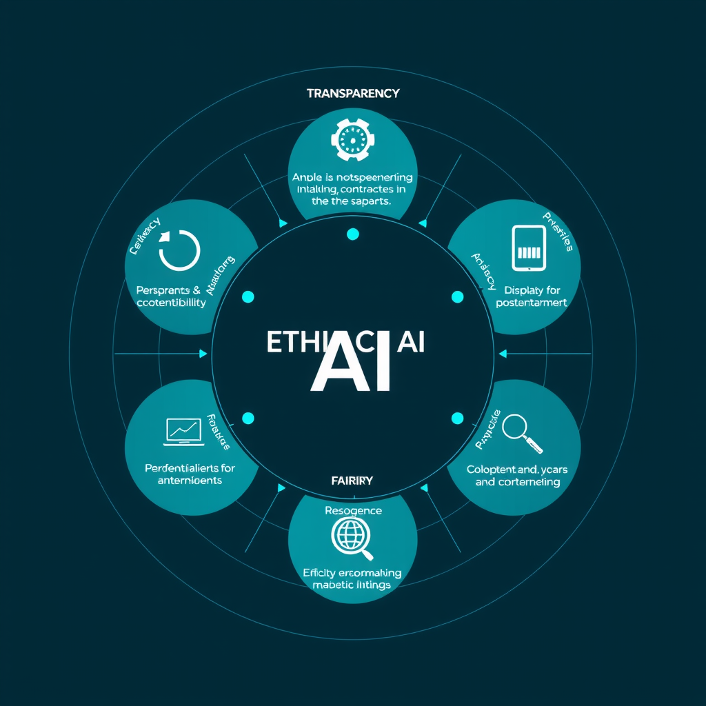 Circular diagram illustrating comprehensive ethical AI framework with four main pillars: transparency, accountability, fairness, and privacy, each with detailed sub-components and interconnections, professional infographic style with icons and flowing connections in electric teal on dark blue background