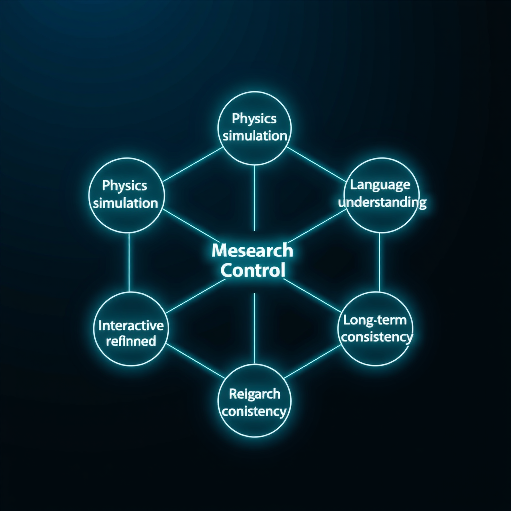 Conceptual diagram showing interconnected research areas in motion control, with nodes representing physics simulation, language understanding, interactive refinement, and long-term consistency, connected by glowing teal lines forming a network structure against a deep space blue background